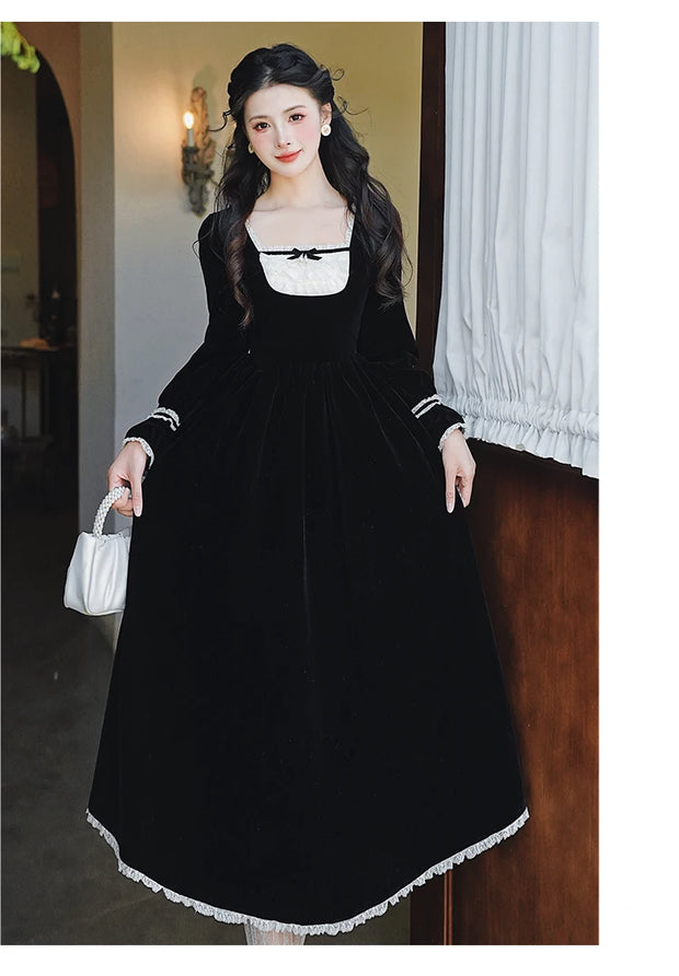 Lavinia Elegant Victorian Velvet Dress with Lace Accents, vintage dress, Vintage French dress, vintage dress, fairy, cottagecore dress, French dress, 1940s