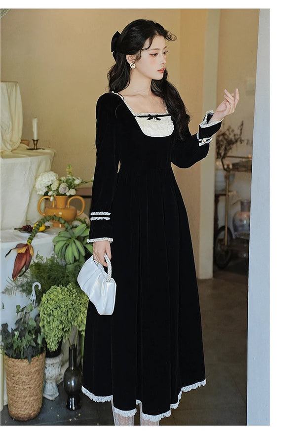 Lavinia Elegant Victorian Velvet Dress with Lace Accents, vintage dress, Vintage French dress, vintage dress, fairy, cottagecore dress, French dress, 1940s