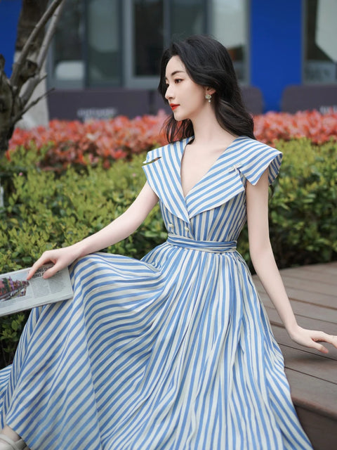 Eleanora Classic Blue Striped Princess Dress with Sailor Collar, vintage dress, Vintage French dress, vintage dress, fairy, cottagecore dress, French dress, 1940s Eleanora Classic Blue Striped Princess Dress with Sailor Collar, vintage dress, Vintage French dress, vintage dress, fairy, cottagecore dress, French dress, 1940s
