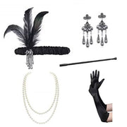 Ensemble Flapper Gatsby, bandeau art déco de perles de strass des années 20 des années 1920 fascinateur de casque, bandeau de mariée, boucles d'oreilles, gants, collier