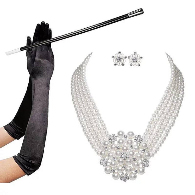 Set Flapper Gatsby, 20er Jahre Strassperlen Arte Deco Stirnband 1920er Kopfbedeckung Fascinator, Brautstirnband, Ohrringe, Handschuhe, Halskette