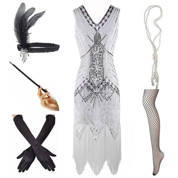 Set Flapper Gatsby Dress, Prom Fringe Dress 1920s Vintage inspiré Great Gatsby Art Deco Charleston Downton Abbey Bridesmaid Wedding