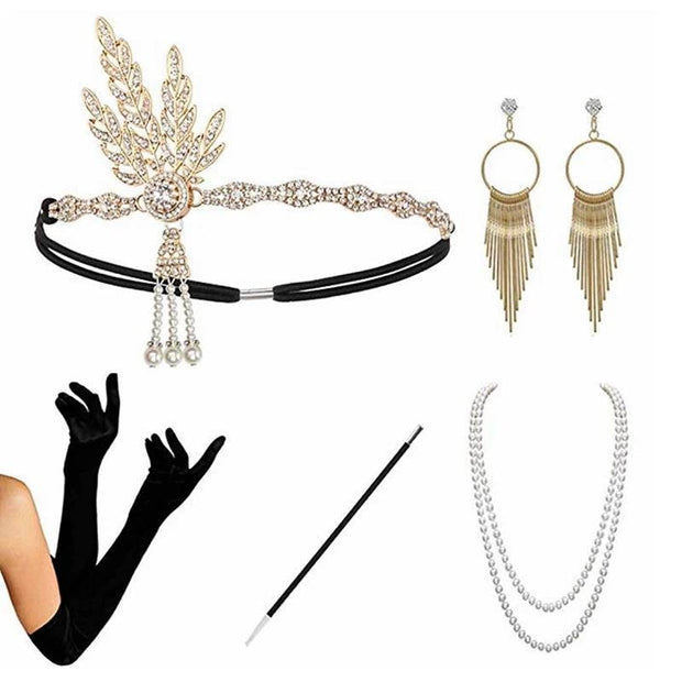 Ensemble Flapper Gatsby, bandeau art déco de perles de strass des années 20 des années 1920 fascinateur de casque, bandeau de mariée, boucles d'oreilles, gants, collier