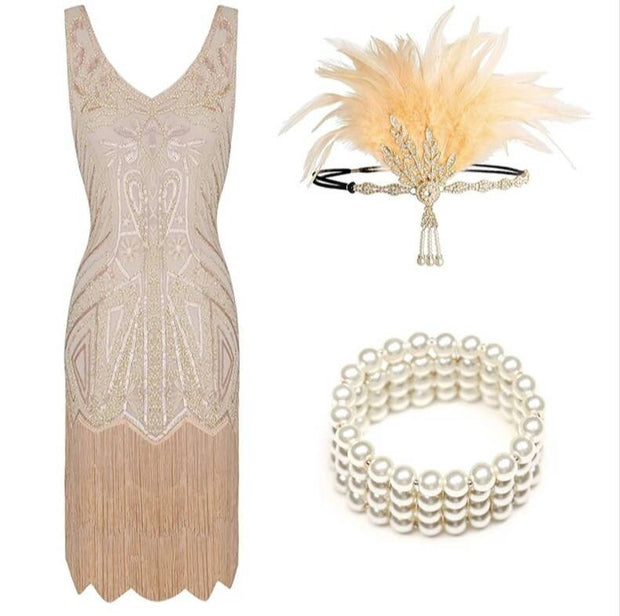 Set Flapper Gatsby Dress, Prom Fringe Dress 1920s Vintage inspiré Great Gatsby Art Deco Charleston Downton Abbey Bridesmaid Wedding