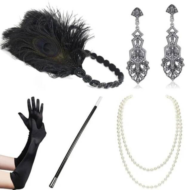 Set Flapper Gatsby, 20's rhinestone pearls art deco headband 1920's Headpiece fascinator, Bridal Headband, earrings, gloves, necklace
