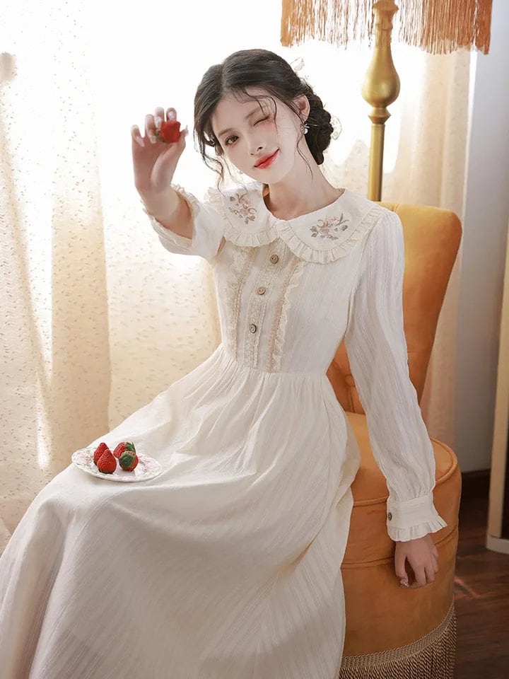 Vintage☆ France antique dress EU French Vintage Print Floral Dress Women O-neck Elegant Evening